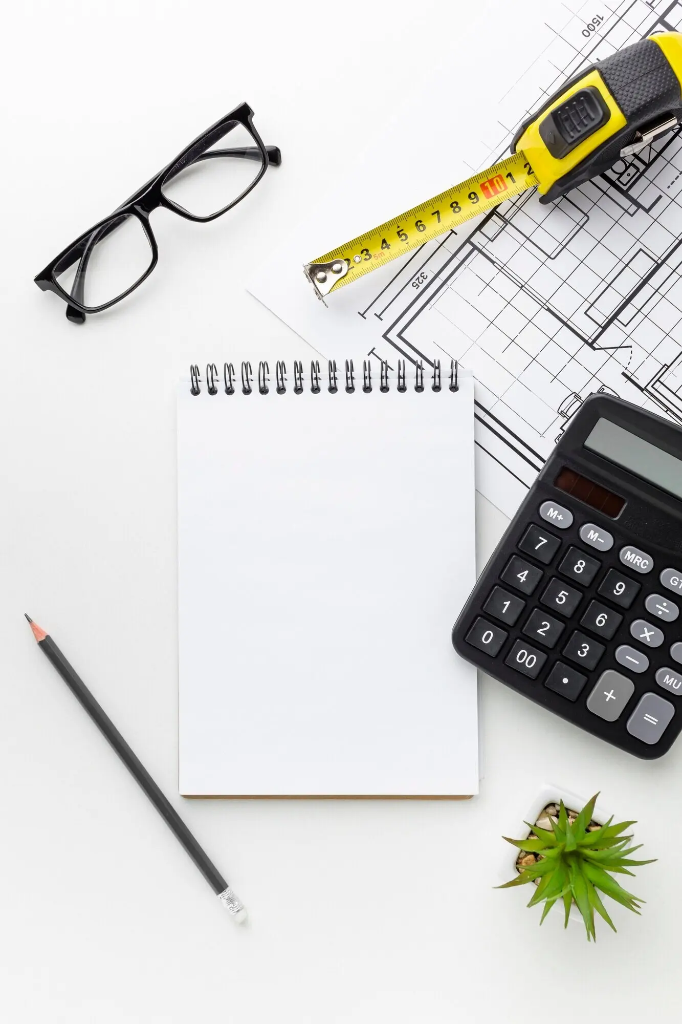 Taschenrechner und Blaupause mit leerem Notizblock